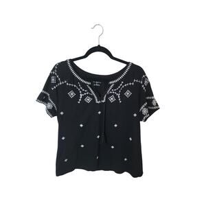 Women's Talbots medium petite black top with white embroidery and tassel